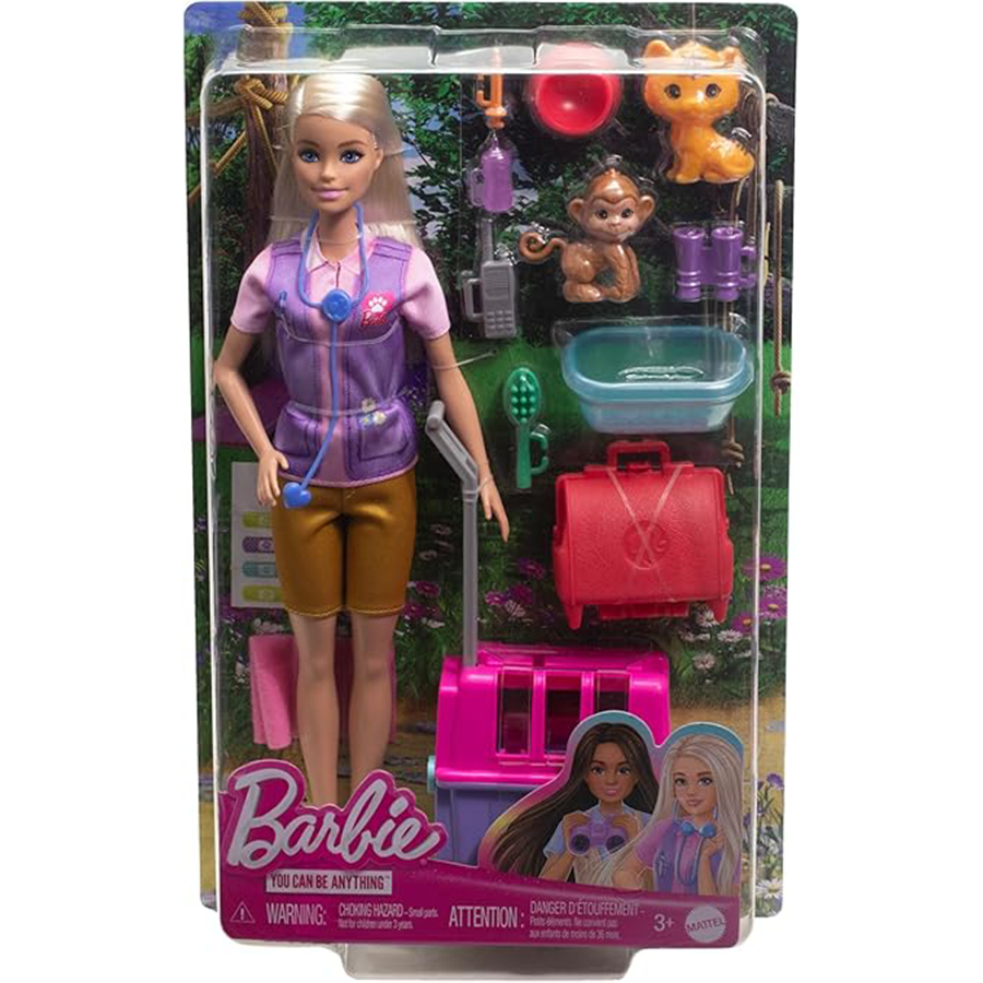 Barbie Careers Animal Rescue Playset  Blonde Doll with Baby Tiger & Monkey, Carrier & Accessories باربي  إنقاذ الحيوانات ورعايتها | دمية شقراء مع نمر صغير وقرد وإكسسوارات