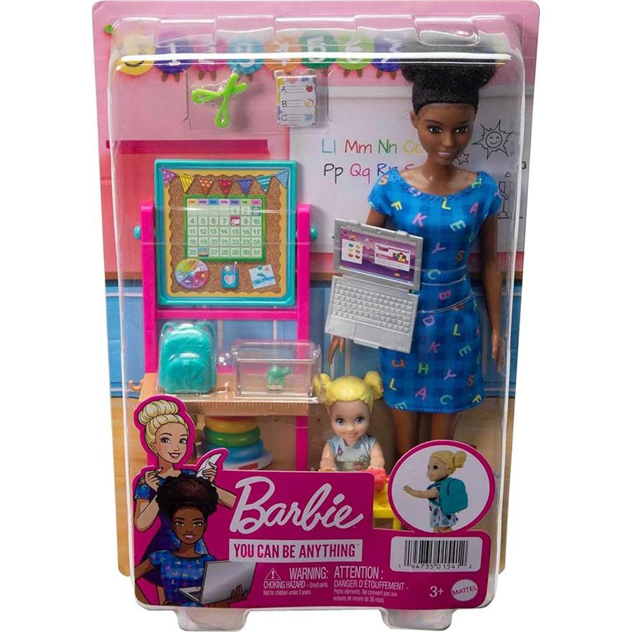 Barbie Careers Teacher Playset – Brunette Fashion Doll with Blonde Toddler, Furniture & Accessories مجموعة باربي المعلمة – دمية باربي السمراء مع تلميذة صغيرة شقراء وأثاث وإكسسوارات تعليم