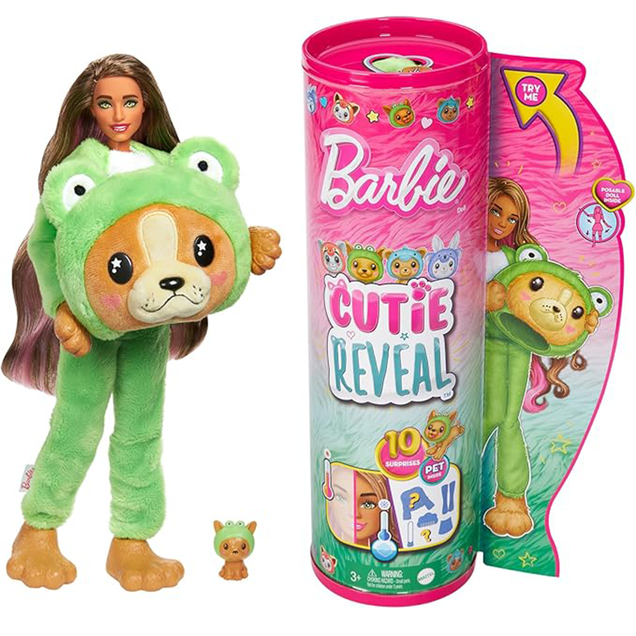 Barbie Cutie Reveal Doll – Puppy as Frog with 10 Surprises & Color Change Features دمية باربي كيوتي ريفيل – جرو بزي ضفدع مع 10 مفاجآت وتغيّر لون