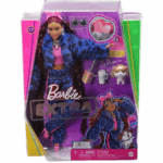 Barbie Extra Doll 17 Leopard-Print Pants, Furry Jacket, Long Hair & Puppy Pet دمية باربي إكسترا 17 بإطلالة النمر، شعر طويل، ومع جرو ظريف وإكسسوارات