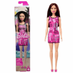 Barbie Fashion Doll Pink Tank Dress with Straight Dark Burgundy Hair & Logo-Print Shoes دمية باربي فاشن بفستان وردي كتّ و شعر خمري مستقيم وأحذية بطبعة الشعار