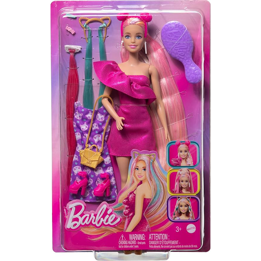 Barbie Fun & Fancy Set – Fashion Doll with Extra-Long Color-Streaked Hair & Styling Accessories مجموعة باربي المرح والأناقة – دمية أزياء بشعر طويل ملون وإكسسوارات تصفيف