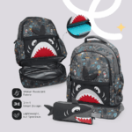 حقيبة ظهر أوركا 3 في 1 بتصميم سمكة قرش: حقيبة مدرسية، حقيبة غداء، وحافظة أقلام 🦈