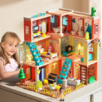 ⁦3-Floor Multi-Room Dollhouse Building Set – 243PCS Leisure Villa فيلا متعددة الغرف من 3 طوابق – بيت دمى كبير (243 قطعة)⁩ - الصورة ⁦3⁩