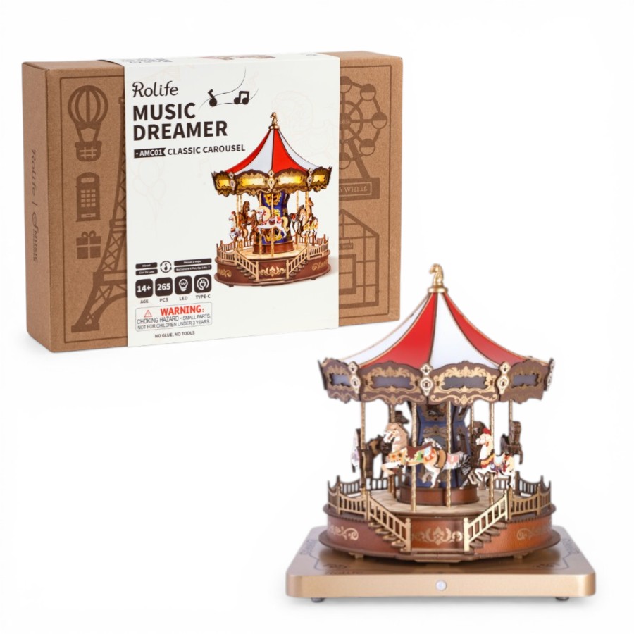 3D Wooden Music Box – Classic Carousel DIY Model (Rolife Music Dreamer) مجسم دوّار موسيقي ثلاثي الأبعاد – كاروسيل كلاسيك مع إضاءة 3D Wooden Music Box – Classic Carousel DIY Model (Rolife Music Dreamer AMC01) مجسم دوّار موسيقي ثلاثي الأبعاد – كاروسيل كلاسيك مع إضاءة - الصورة 1
