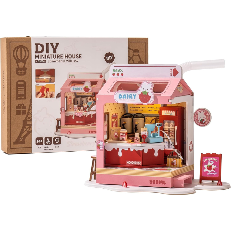 Rolife Strawberry Milk Box DIY Miniature House DS034 مجسم متجر حليب الفراولة المصغّر ثلاثي الأبعاد – DIY للكبار Rolife Strawberry Milk Box DIY Miniature House DS034 مجسم متجر حليب الفراولة المصغّر ثلاثي الأبعاد – DIY للكبار - الصورة 1