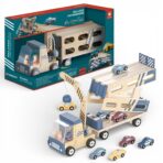 Roll & Race Car Transporter – 2-in-1 Wooden Car Transporter & Racetrack ناقلة السيارات مع مضمار سباق 2 في 1 – لعبة سيارات خشبية للأطفال