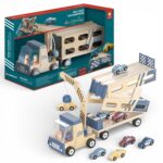 Roll & Race Car Transporter – 2-in-1 Wooden Car Transporter & Racetrack ناقلة السيارات مع مضمار سباق 2 في 1 – لعبة سيارات خشبية للأطفال